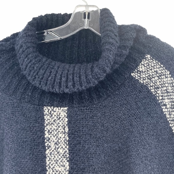 Plaid Navy Poncho Fringe Turtleneck Sweater - Picture 5 of 7